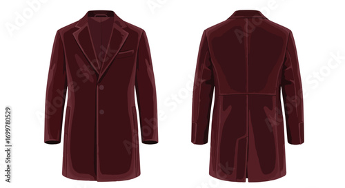 Elegant burgundy overcoat design presented from front and back views on a clean white background showing tailoring detail