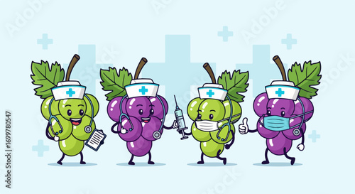 Healthcare Grapes A Playful Cartoon Depicting Medical Professionals Ready to Assist and Serve