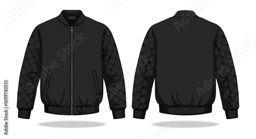 Fashionable black bomber jacket showcases both the front and back designs with unique quilted sleeve patterns