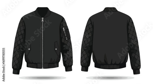 Detailed front and back view of a black bomber jacket with quilted sleeves displayed against a white background for garment design or fashion concepts