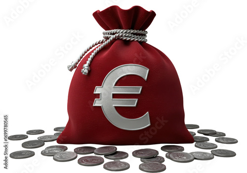 Fotografie Isolated red velvet money bag with silver euro sign, coins scattered around, wea