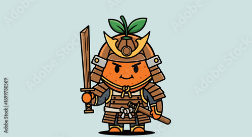 Cute cartoon orange fruit character dressed as a Japanese samurai warrior in full armor holding a wooden sword