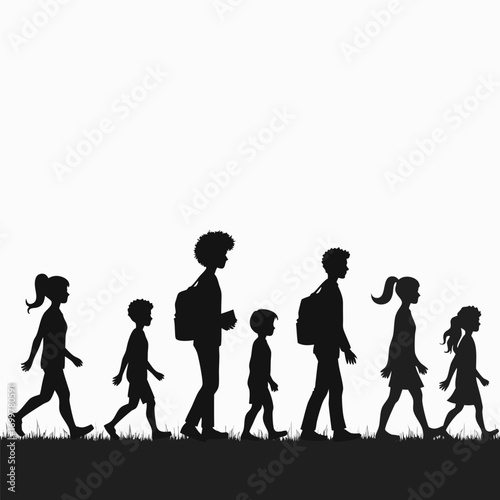 Diverse group of children and adults walking in silhouette