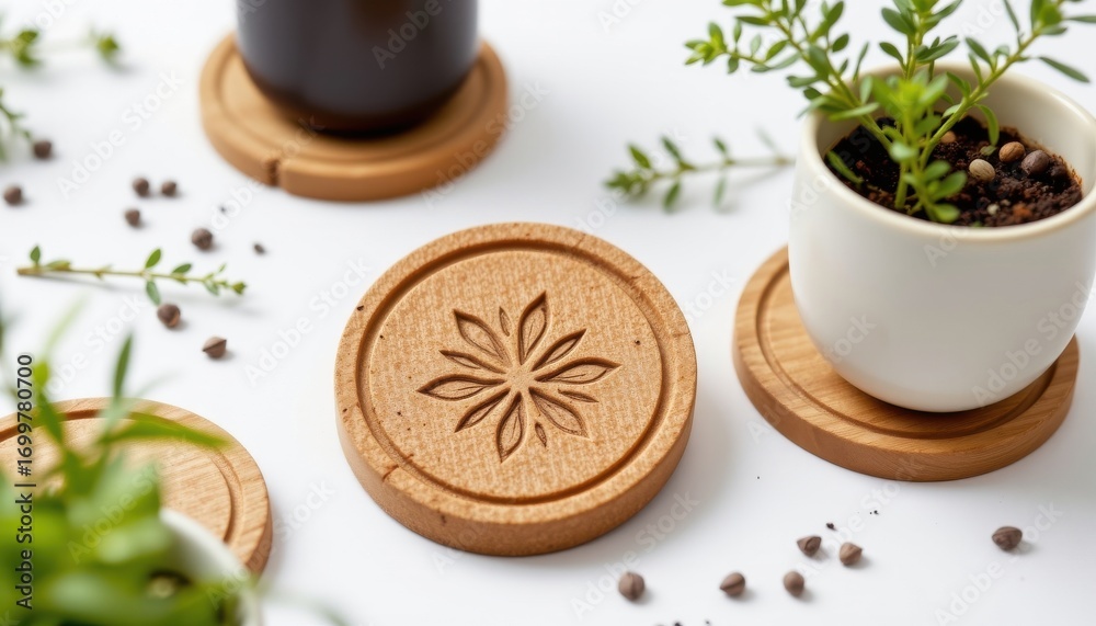 Fototapeta premium plantable coaster set containing thyme seeds, showing embossed seed pattern, engineered for circular lifestyle, isolated product visualization on white background.