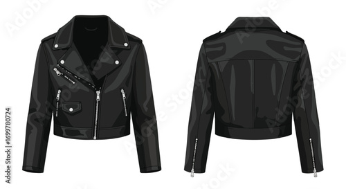 Stylized vector illustration showcasing the front and back view of an iconic black leather biker jacket design