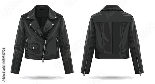 Sleek Black Leather Biker Jacket Illustration: Front and Back Views for Fashion and Design Resources