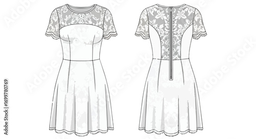 Detailed technical fashion illustration showcasing a modern dress design with lace bodice and sleeves against a white background