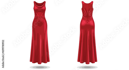 Elegant crimson floor-length gown showcasing both its front and back design perfect for formal occasions and fashion illustrations