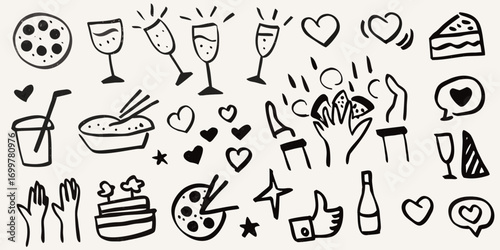 Hand drawn doodle icons of party food drinks celebration and love symbols on a light background