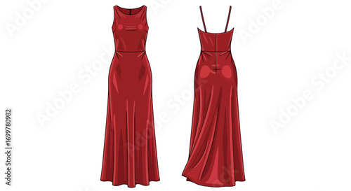 Elegant crimson gown design illustration showcasing front and back views for fashion and apparel visualization