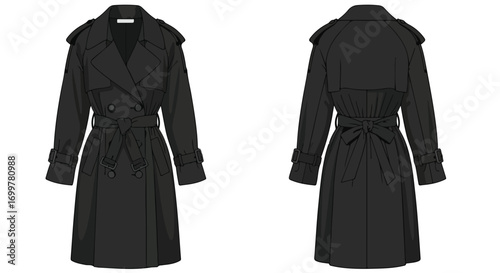 Contemporary Black Trench Coat: Front and Back Views Showcasing Modern Fashion Aesthetic with a Classic Design and Tailored Silhouette