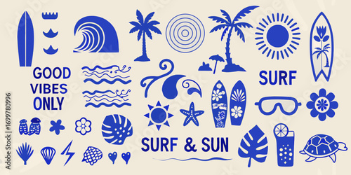 Collection of blue summer beach icons and graphics with surf and sun motifs