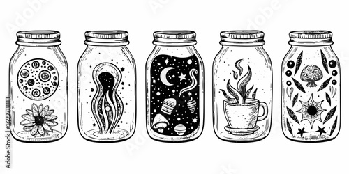 Collection of five hand drawn glass jars filled with whimsical and mystical elements