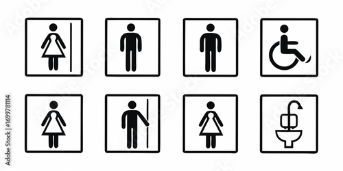 Collection of restroom and accessibility signs including male female disabled and sink icons
