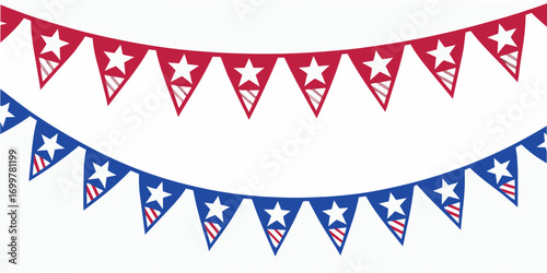 Red and blue patriotic bunting flags with white stars and stripes for american celebrations