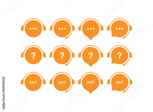 Twelve orange icons for customer support and online services. Featuring headsets with chat bubbles, question marks, and "24/7." Ideal for help desks, communication, and call centers. Vector isolated
