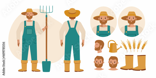 Illustration of a farmer character with various farming elements and accessories