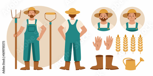 Collection of farmer illustrations with tools crops and accessories for agricultural themes