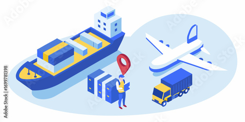 Global logistics and transportation network with cargo ship airplane and truck delivering goods