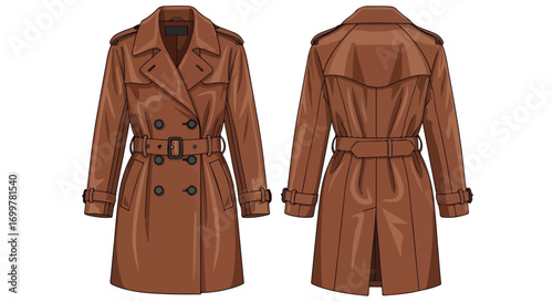 Elegant brown trench coat illustration showcasing front and back views for fashion design needs and style reference source