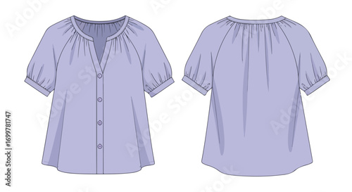 Lavender button-down blouse with gathered neckline displaying both front and back views for fashion illustration or pattern design purposes
