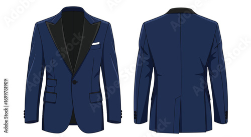 Sophisticated Blue Tuxedo Jacket Displayed in Front and Back Views for Formal Occasions