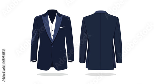 Sophisticated Navy Tuxedo Illustration Showcasing Front and Back Views on Clean White Background Depicting Elegance