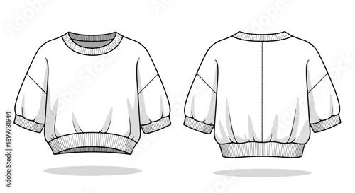 Technical fashion sketch featuring a cropped sweatshirt with ribbed hems and voluminous sleeves, showcasing both front and back views against a