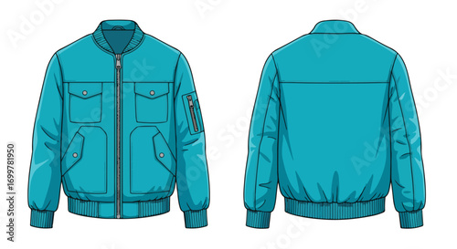 Detailed vector illustration showcasing a teal blue bomber jacket with front and back views ideal for fashion design reference