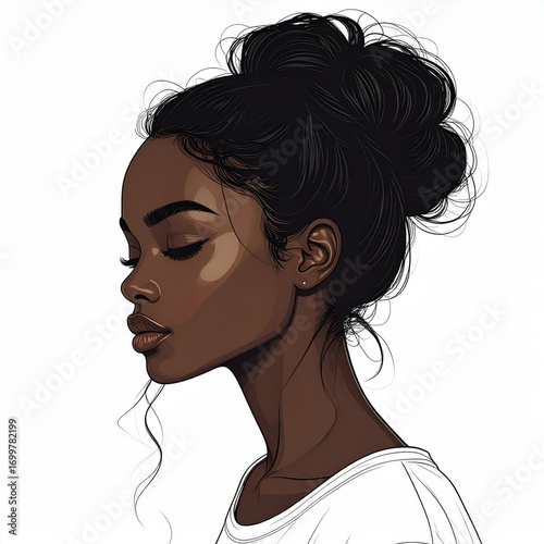 Stylish line drawing of a woman with a high bun, graceful neck posture, elegant side profile, serene expression, minimalist black lines on white background