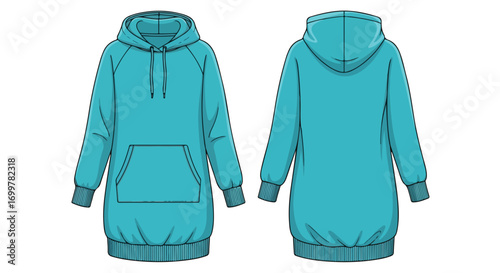 Turquoise hoodie dress technical drawing front and back views isolated on white background stylish clothing apparel fashion illustration