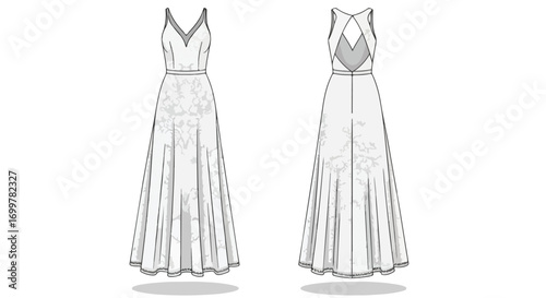 Elegant gown illustration showcasing front and back views with subtle floral detailing for fashion design and presentation
