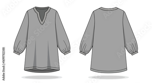 Technical fashion drawing displaying a gray dress with long, blouson sleeves and a v-neckline shown front and back isolated on white