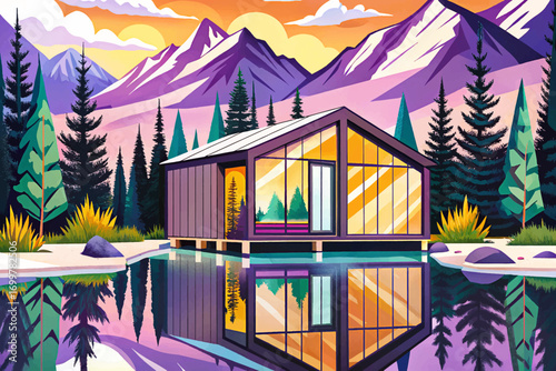 Cabin with mirrored exterior walls, reflecting surrounding mountain forest, modern hidden wilderness retreat