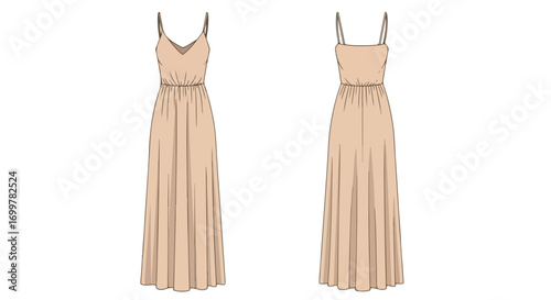 Elegant illustration of a light tan maxi dress, showcasing both its front and back designs, perfect for fashion-related content or design inspiration