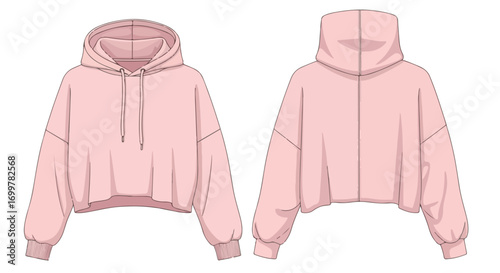 Technical fashion illustration of a relaxed-fit pink hoodie, front and back views displaying the casual, oversized silhouette and design details
