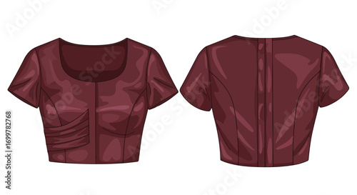 Burgundy short-sleeved top illustration showcasing front and back design details for fashion visuals and garment design concepts