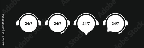 White vector icon set on a dark background showing a headset with a 24h 7d text. The icons are in various shapes, great for customer support service, available 24 hours, and round-the-clock help