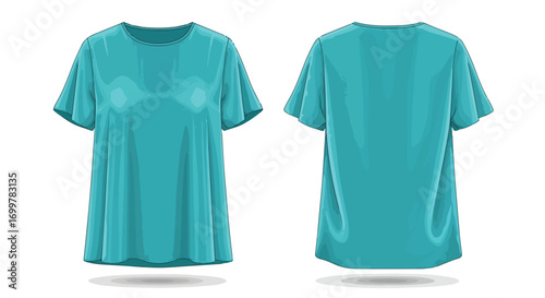 Illustration of a women's turquoise blouse with short flutter sleeves showcasing the front and back view for fashion design and product catalog