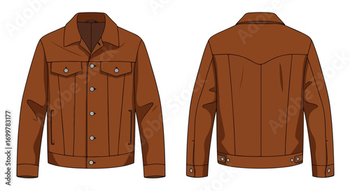 Brown denim jacket fashion illustration showcases detailed design on white backdrop for fashion apparel industry