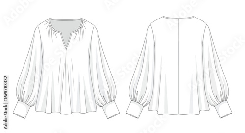 Technical fashion illustration of a long-sleeved blouse with balloon sleeves design schematic for garment production drawing
