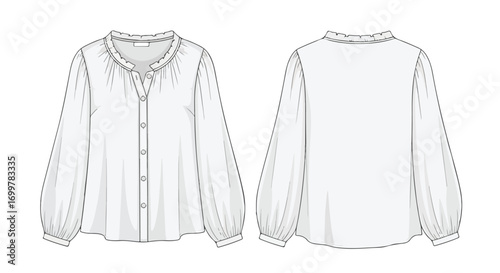 Technical drawing of a blouse with ruffles at the neckline and long puffed sleeves in front and back views