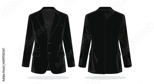 Formal attire illustration showcasing the front and back view of a sleek black suit jacket presented on a white backdrop