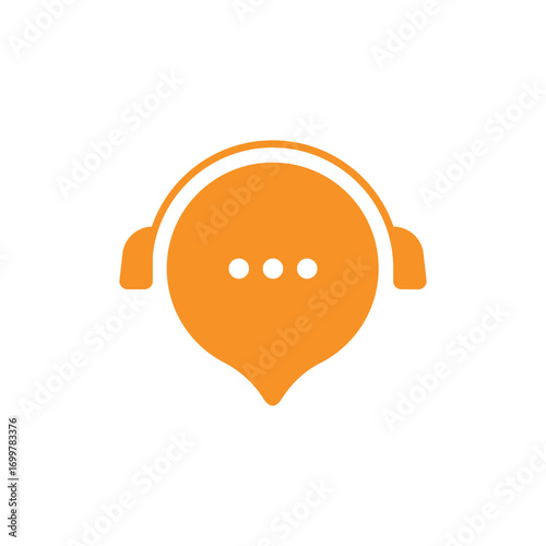 Flat icon vector illustration of a customer support headset with a speech bubble. The orange color and clean design are ideal for call center, helpdesk, or customer service websites and apps