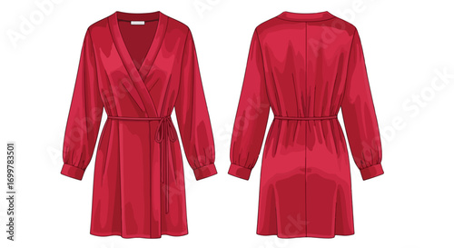 Elegant crimson wrap dress showcased in front and back views, perfect for fashion design illustrations and marketing displays offering a chic