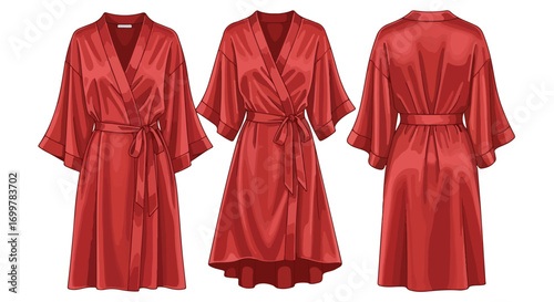 Elegant red robe ensemble showcasing front, side, and back views against a clean white background, perfect for fashion and design visualizations