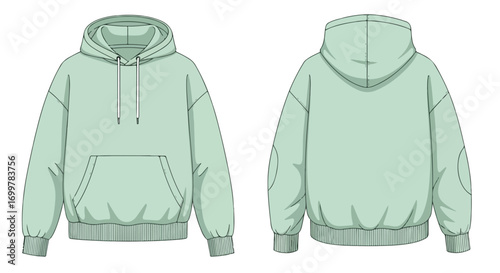 Oversized hoodie technical sketch in pale green showcasing front and back design elements for apparel design illustration