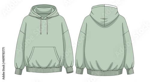Technical fashion illustration of oversized hoodie, front and back view, soft pastel color, minimalist style drawing showing garment details for