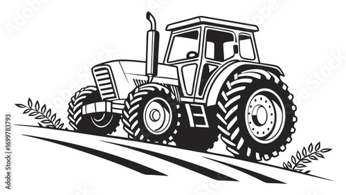 Stylized monochrome illustration of a powerful agricultural tractor diligently cultivating fertile land, representing the essential labor and productivity of farming
