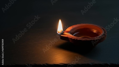 A glowing oil lamp illuminates a dark surface, creating a serene atmosphere for meditation